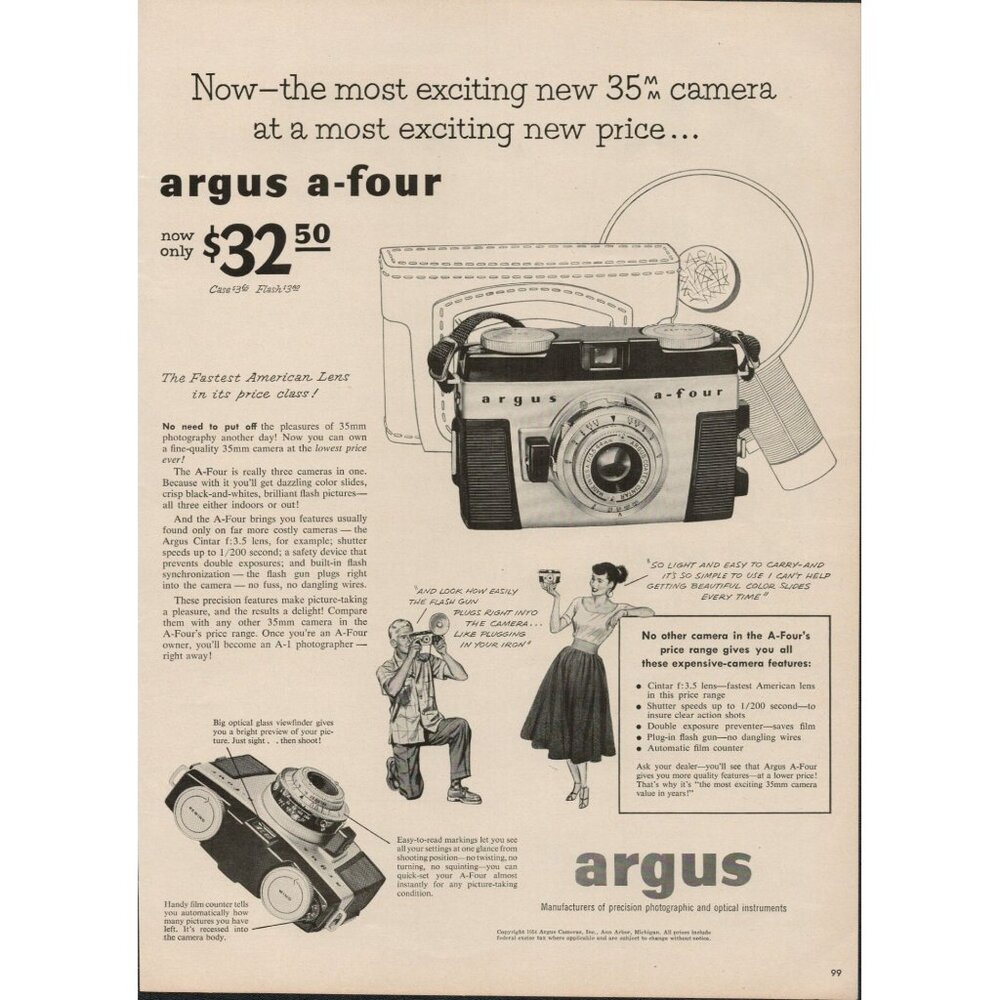 1954 ARGUS A4 35mm Camera Vintage Print Ad (L5)